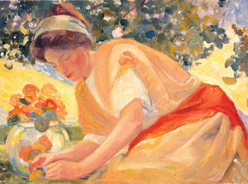 Painting of Lady with Bowl of Flowers